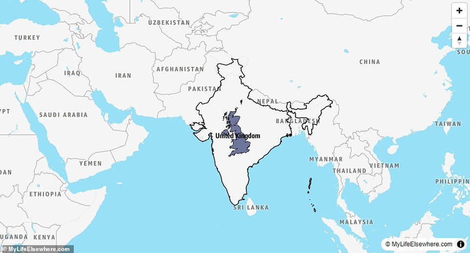 India (3,287,263 sq km) is 13 times bigger than the United Kingdom (243,610 sq km). However, almost 1.3billion more people live in India, which has a population of around 1.4billion, compared to the UK's 68million