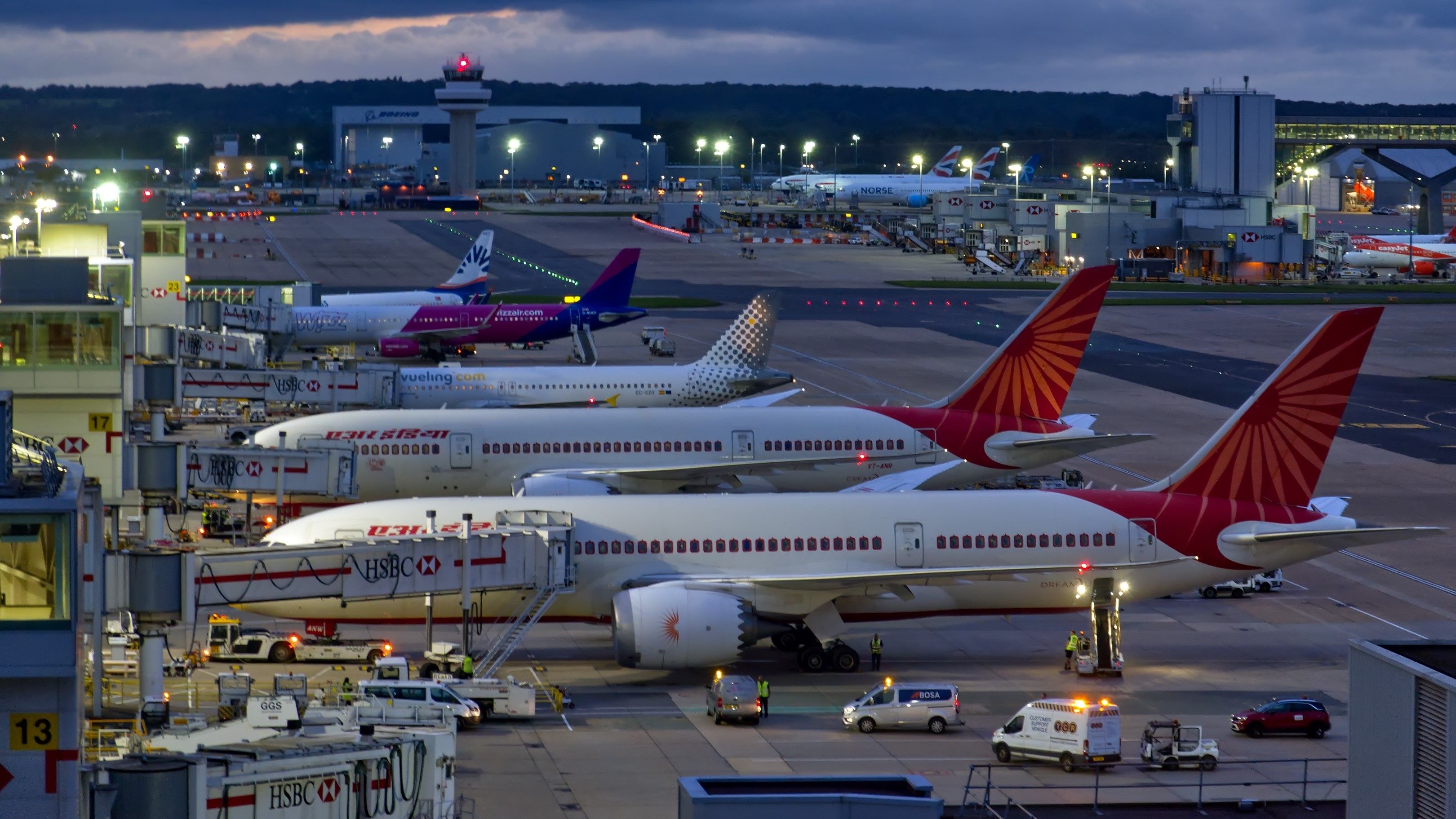 Air India Planes Parked At London Gatwick Airport In Low Light