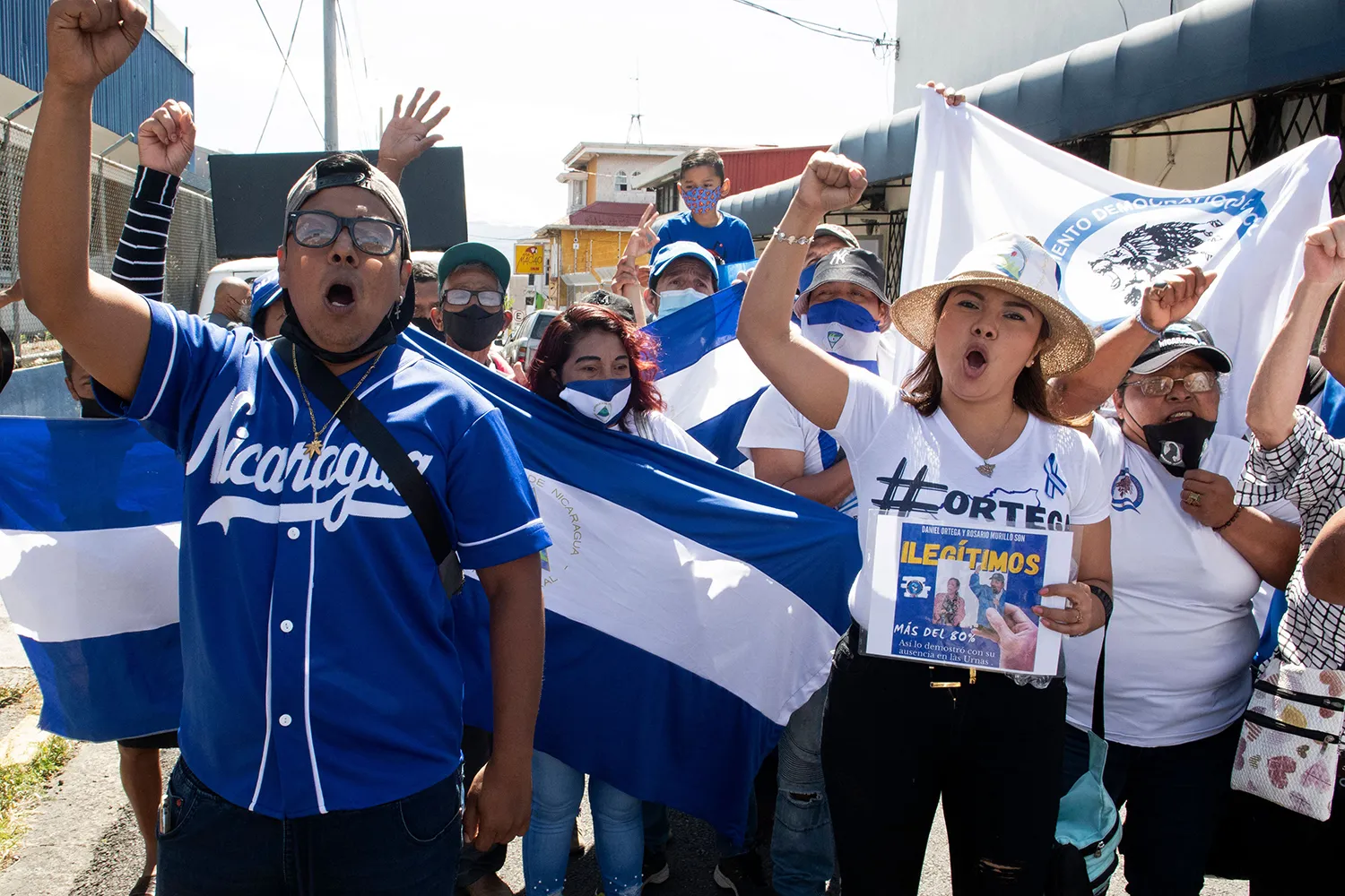 Nicaraguan citizens exiled in Costa Rica demonstrate in front of the Nicaraguan Embassy to oppose the latest inauguration of Ortega, seen in San Jose on Jan. 10, 2022.