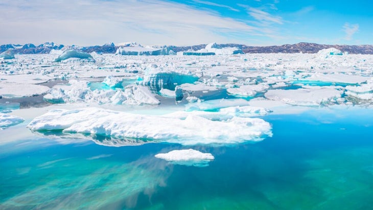 Icebergs dot the waters of Sermilik fjord, in Greenland 