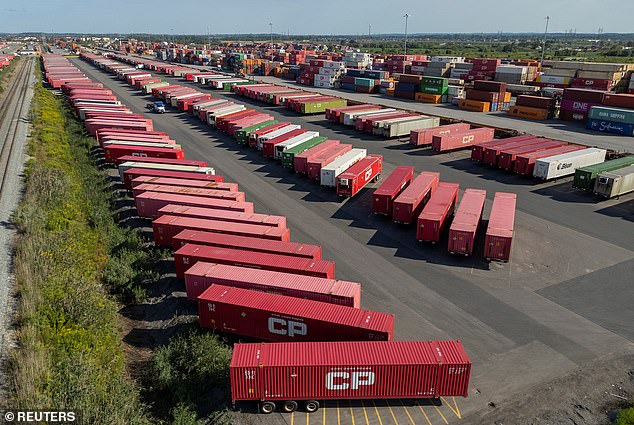 Containers stacked at the CPKC Vaughan yard, near Toronto, today after Canadian National Railway (CN) and Canadian Pacific Kansas City (CPKC) locked out workers following unsuccessful negotiation attempts