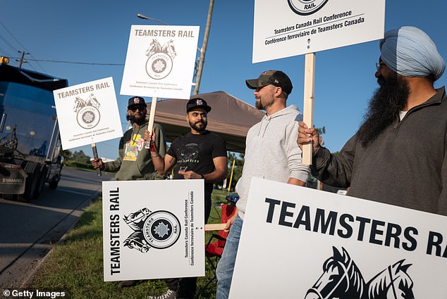 Locked out railway workers outside of the CN Rail Brampton yard on August 22, 2024 in Brampton, Ontario