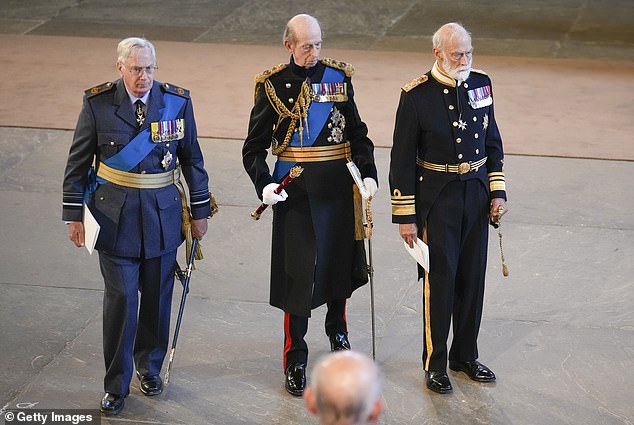 The Duke of Gloucester is seen with his cousins the Duke of Kent (centre) and Prince Michael of Kent on the day of the Queen's funeral