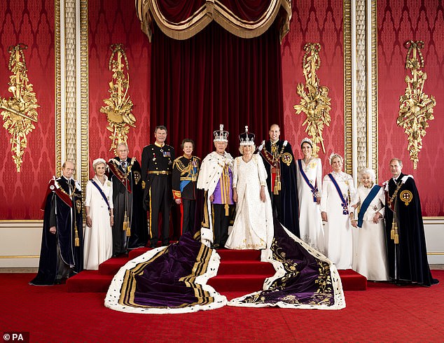 The Duke and Duchess of Gloucester feature with other senior royals in one of the official photographs taken on the day of the King's Coronation, May 2023