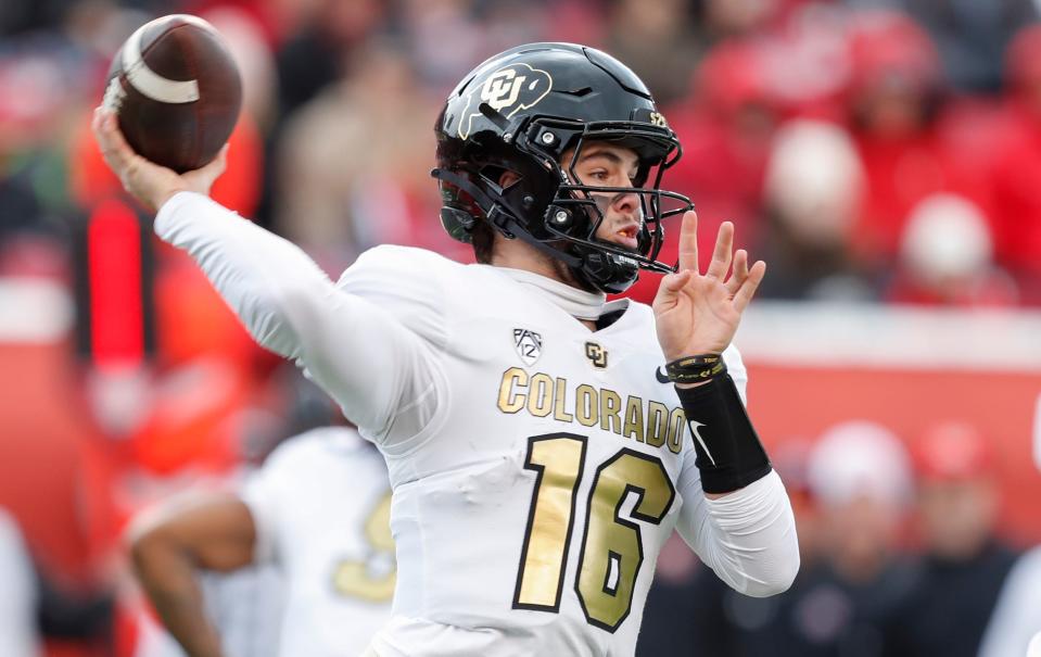 SALT LAKE CITY, UT - NOVEMBER 25: Ryan Staub #16 of the Colorado Buffaloes throws a pass against the Utah Utes during the first half of their game at Rice Eccles Stadium on November 25, 2023 in Salt Lake City, Utah. (Photo by Chris Gardner/Getty Images)