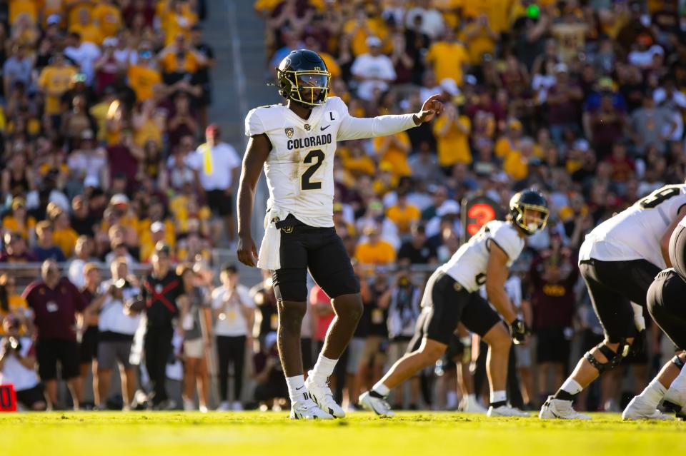 Oct 7, 2023; Tempe, Arizona, USA; Colorado Buffaloes quarterback Shedeur Sanders (2) against the Arizona State Sun Devils at Mountain America Stadium. Mandatory Credit: Mark J. Rebilas-USA TODAY Sports