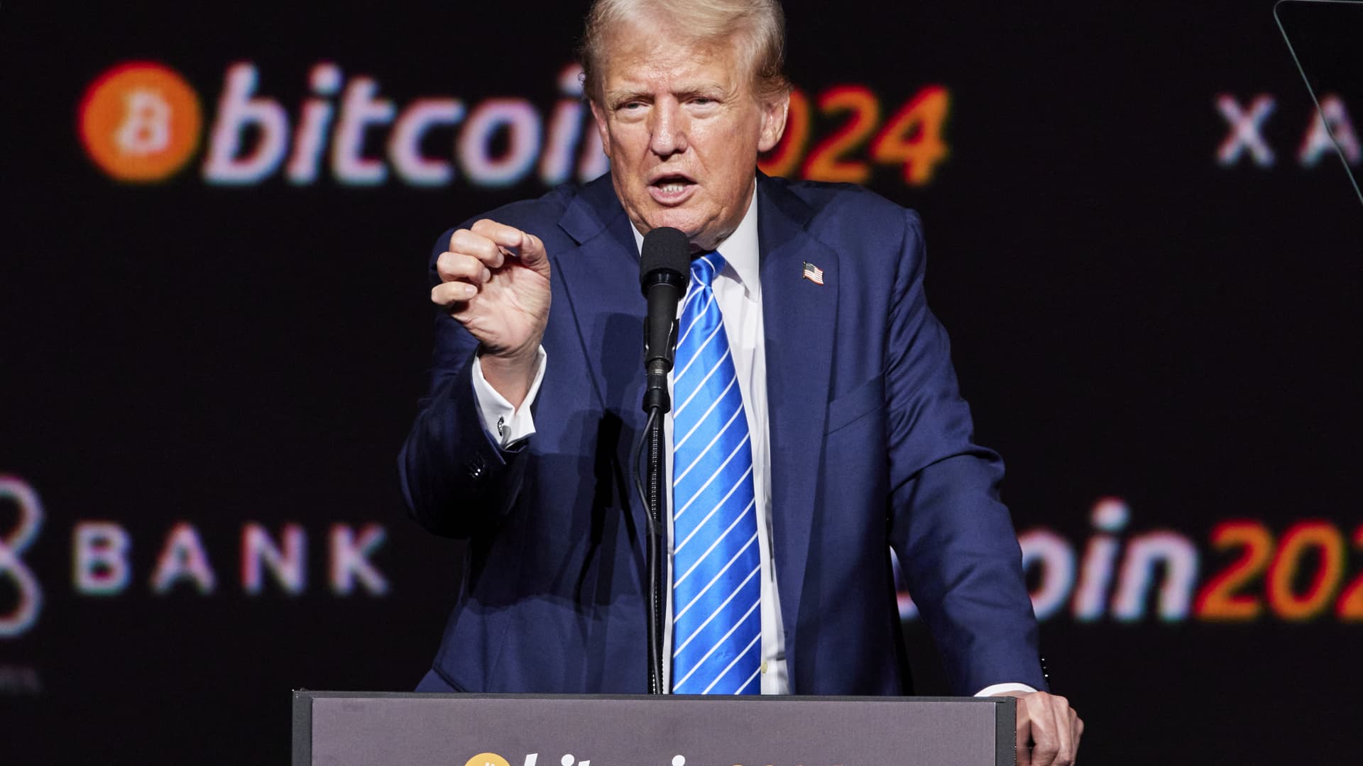 Donald Trump during his speech at the 2024 Bitcoin Conference in Nashville, TN.