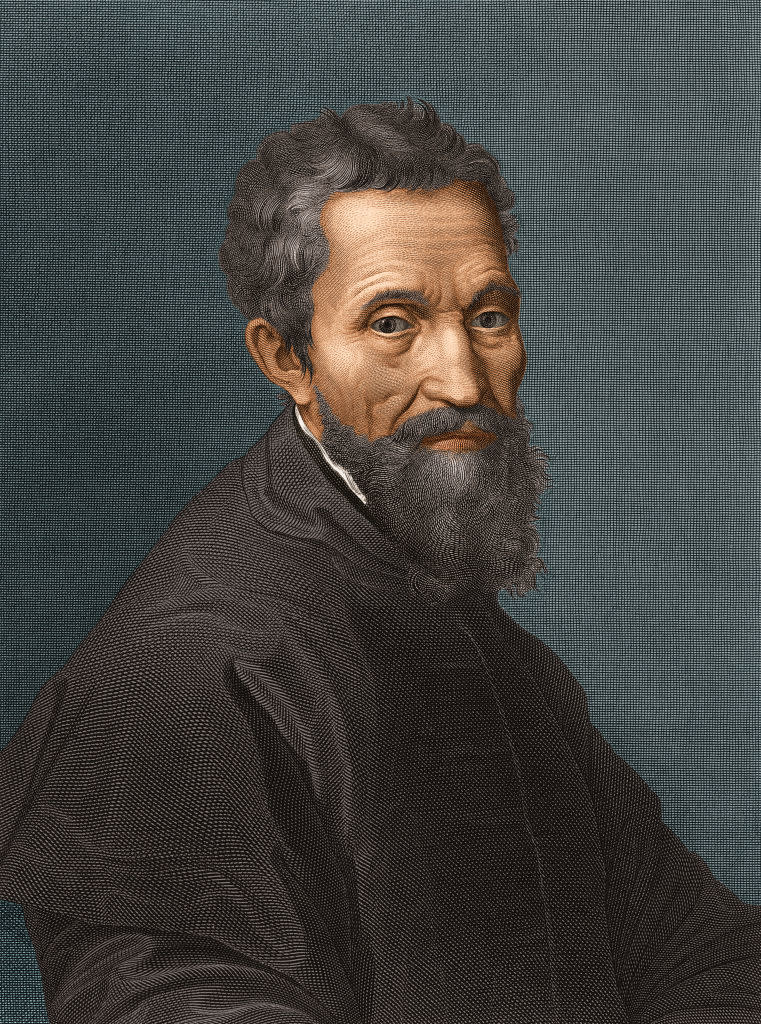 Portrait of Michelangelo Buonarroti with a long beard and wearing a high-collared garment, gazing directly at the viewer