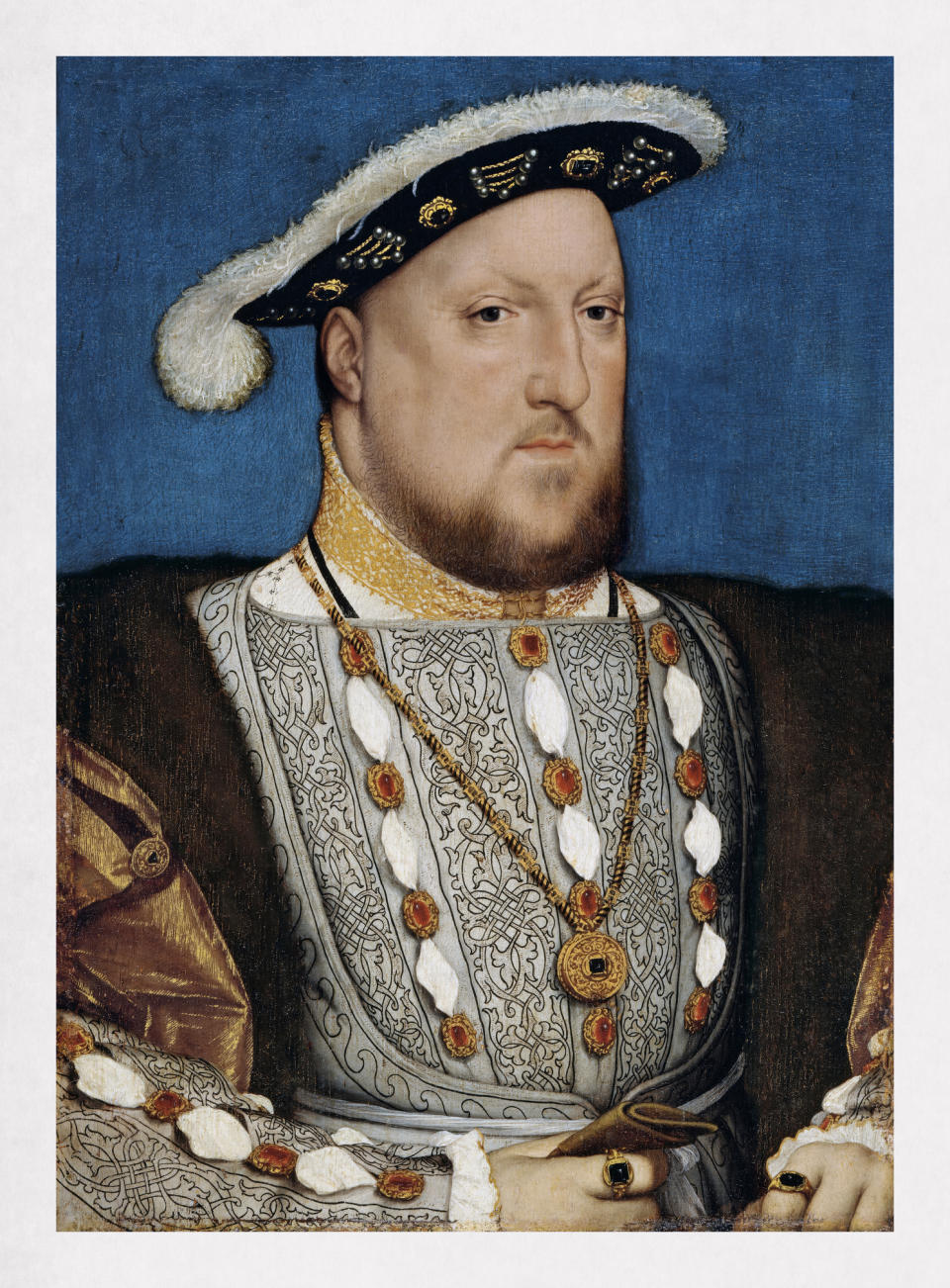 Portrait of Henry VIII in regal attire, featuring ornate, patterned clothing with gold and red jewels, and a hat adorned with a feather