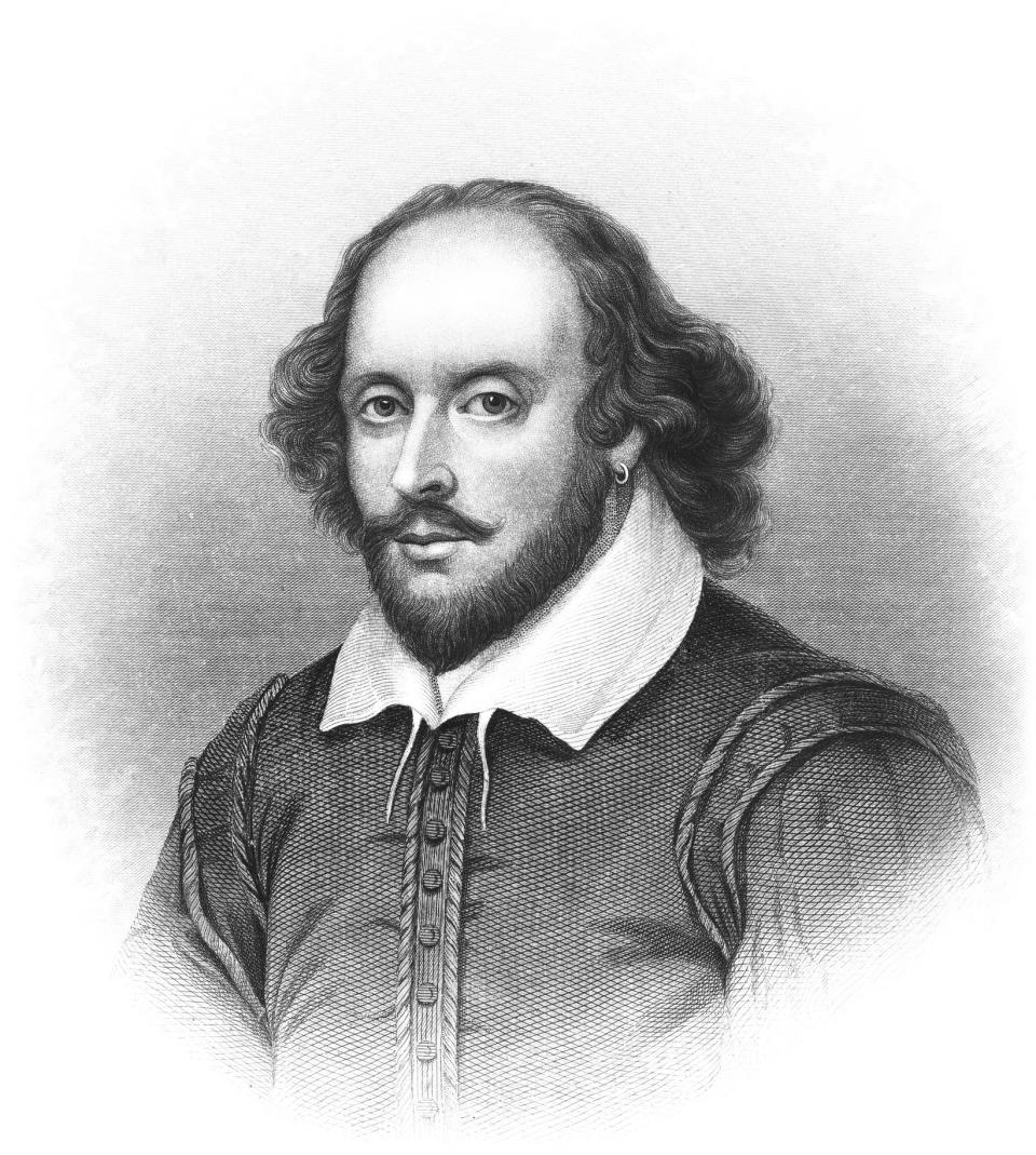 Sketch of William Shakespeare with a mustache, goatee, and earring, wearing a doublet and white collar