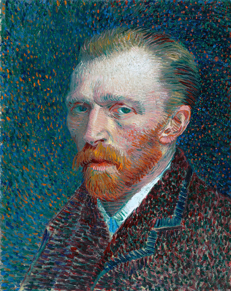 Vincent van Gogh self-portrait with detailed brushstrokes, depicting him with red beard, intense gaze, and textured background