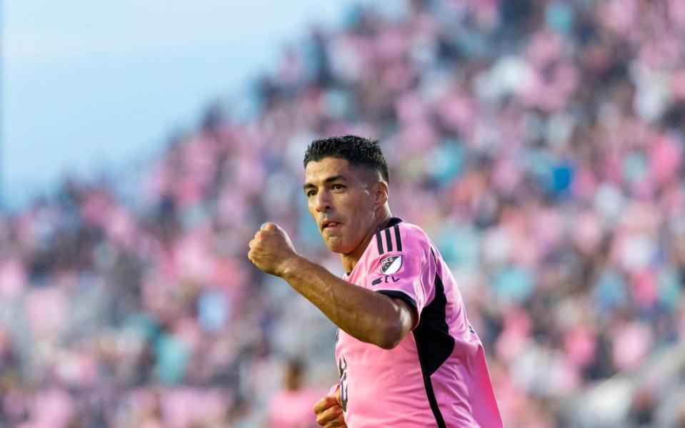 Inter Miami forward Luis Suárez (9) celebrates after scoring a second goal against FC Cincinnati in the first half of their MLS match at Chase Stadium on Saturday, Aug. 24, 2024, in Fort Lauderdale, Fla.