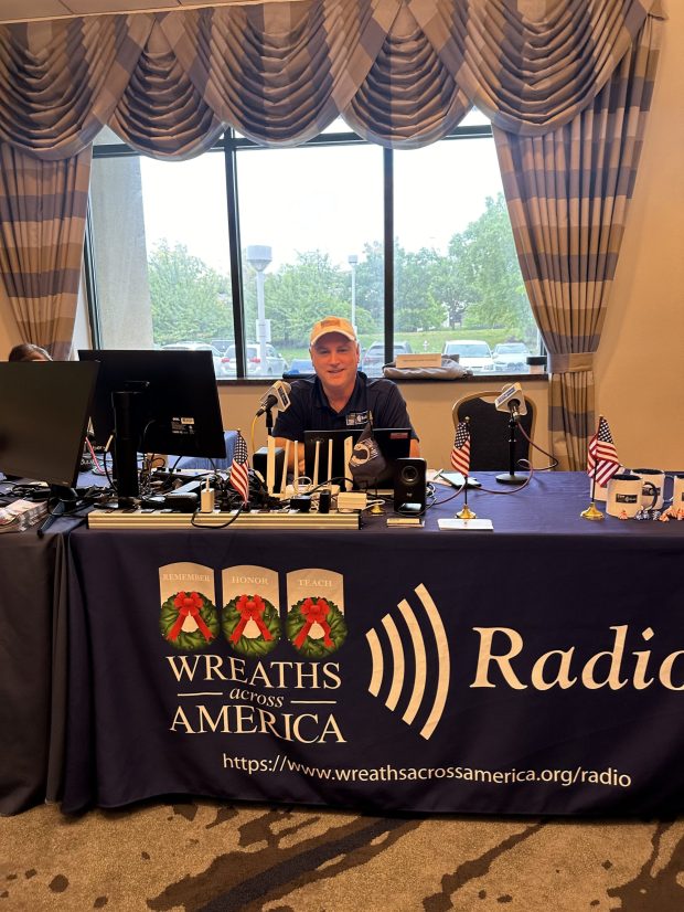 Chris Chapman speaking on the Wreaths Across America radio station. (Elissa ODEH/MEDIANEWS GROUP)