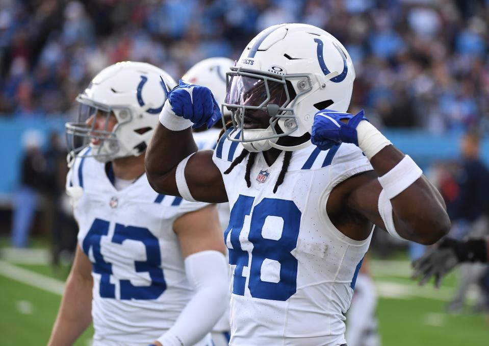 Dec 3, 2023; Nashville, Tennessee, USA; Indianapolis Colts safety Ronnie Harrison Jr. (48) celebrates after blocking a punt during the second half against the Tennessee Titans at Nissan Stadium. Mandatory Credit: Christopher Hanewinckel-USA TODAY Sports