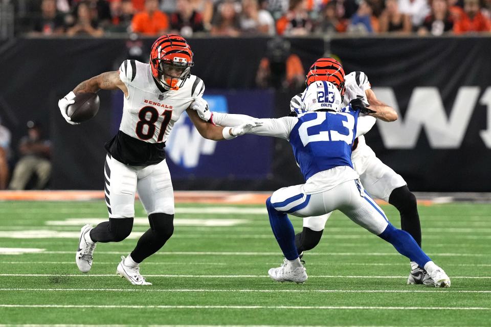 CINCINNATI, OHIO - AUGUST 22: Wide receiver Jermaine Burton #81 of the Cincinnati Bengals carries the ball during the first quarter of the preseason game against the Indianapolis Colts at Paycor Stadium on August 22, 2024 in Cincinnati, Ohio. (Photo by Jason Mowry/Getty Images)