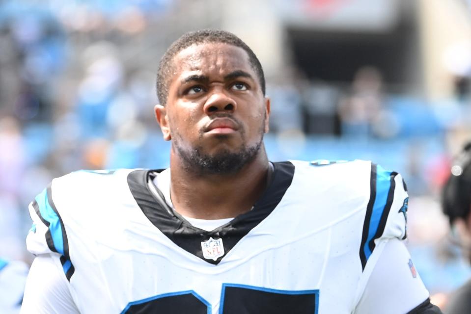 Aug 12, 2023; Charlotte, North Carolina, USA; Carolina Panthers defensive tackle LaBryan Ray (67) during pregame at Bank of America Stadium. Mandatory Credit: Bob Donnan-USA TODAY Sports