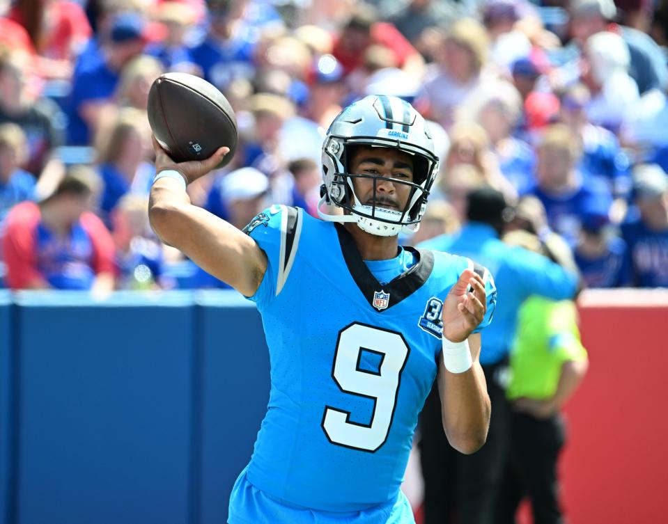 Aug 24, 2024; Orchard Park, New York, USA; Carolina Panthers quarterback Bryce Young (9) throws a pass in the first quarter pre-season game against the Buffalo Bills at Highmark Stadium. Mandatory Credit: Mark Konezny-USA TODAY Sports