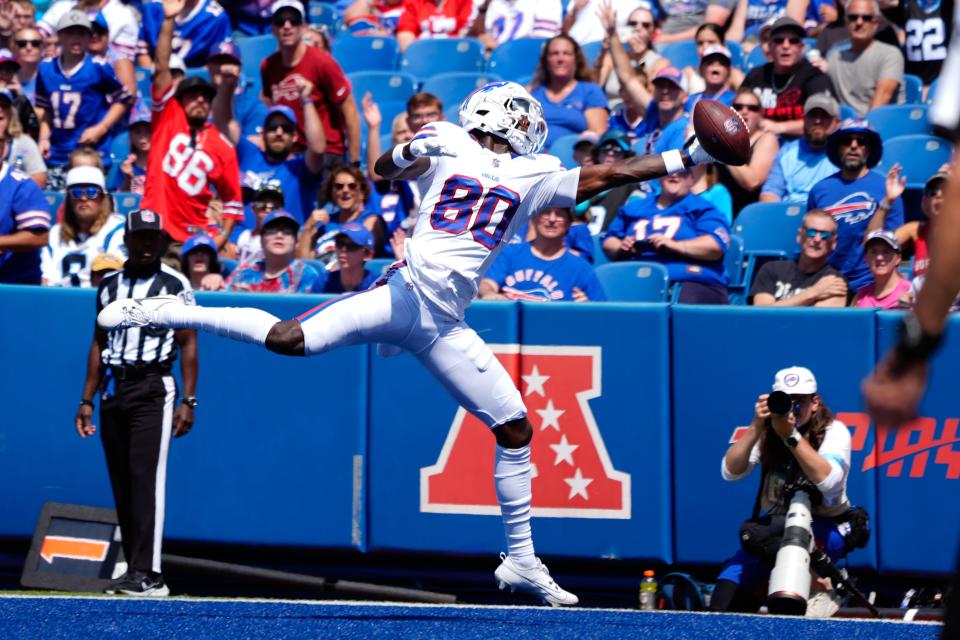 Aug 24, 2024; Orchard Park, New York, USA; Buffalo Bills wide receiver Tyrell Shavers (80) attempts to catch a pass for a touchdown against the Carolina Panthers during the first half at Highmark Stadium. Mandatory Credit: Gregory Fisher-USA TODAY Sports