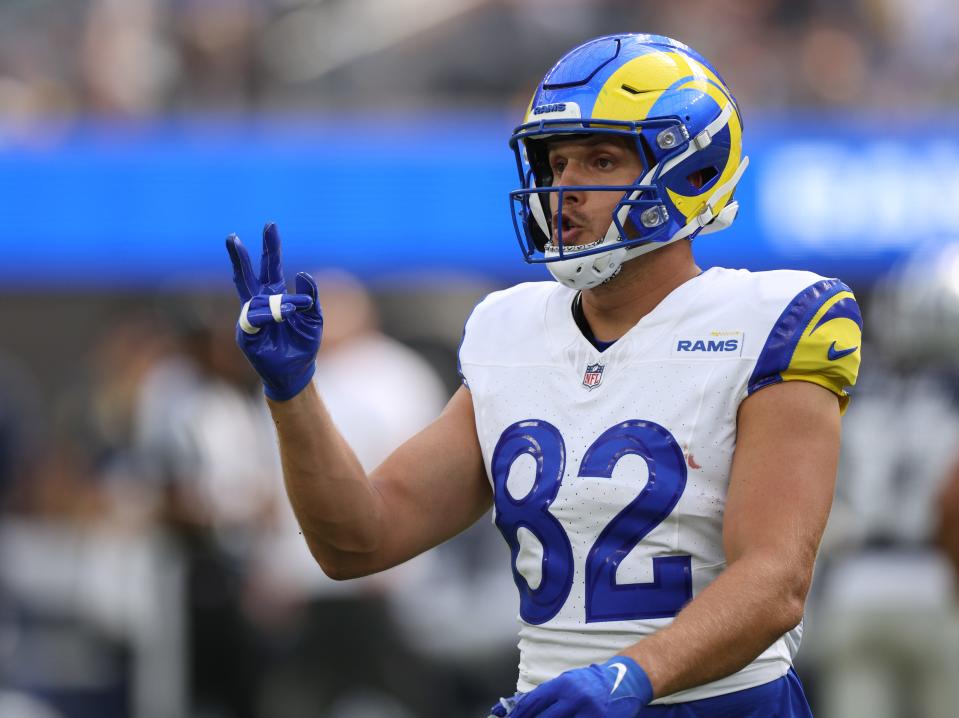 INGLEWOOD, CALIFORNIA - AUGUST 11: Miller Forristall #82 of the Los Angeles Rams reacts after his catch during a 13-12 win over the Dallas Cowboys at SoFi Stadium on August 11, 2024 in Inglewood, California. (Photo by Harry How/Getty Images)