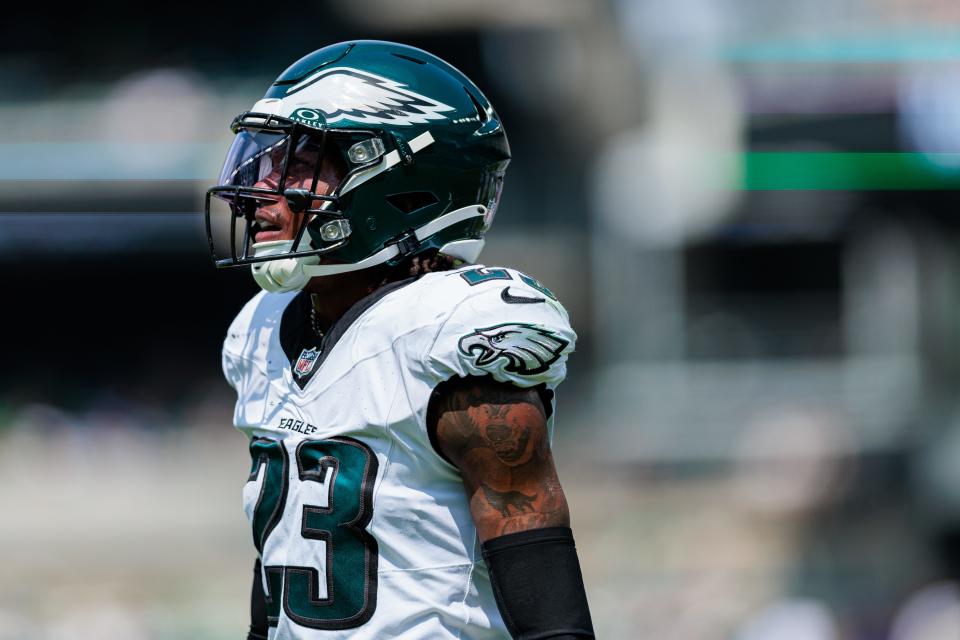 Aug 24, 2024; Philadelphia, Pennsylvania, USA; Philadelphia Eagles cornerback Eli Ricks (23) looks on during the second quarter against the Minnesota Vikings at Lincoln Financial Field. Mandatory Credit: Caean Couto-USA TODAY Sports