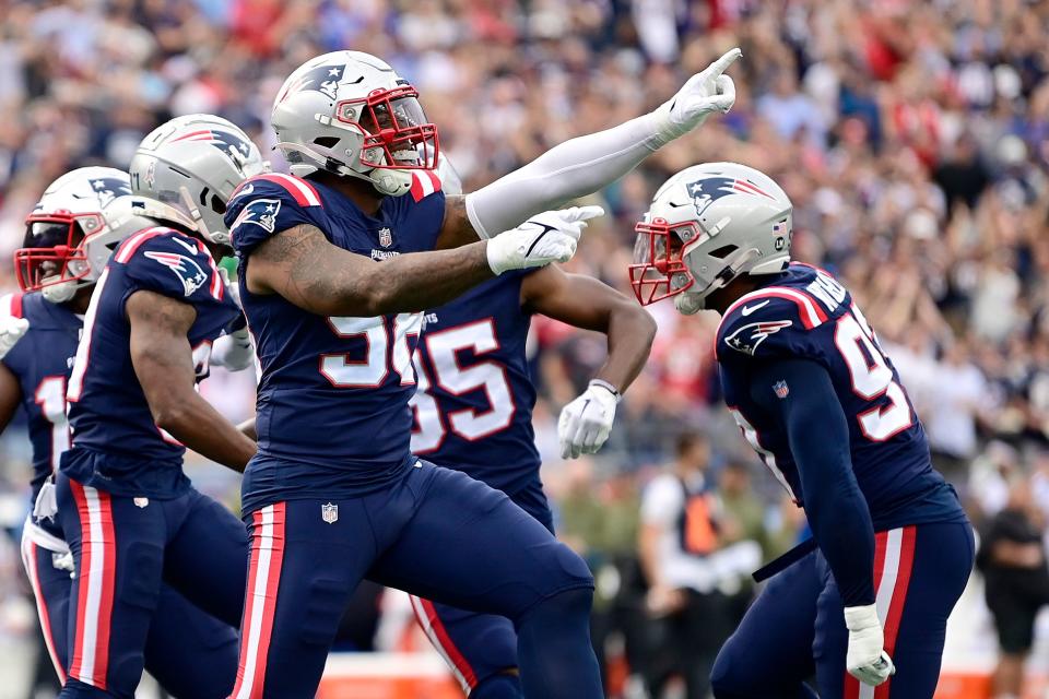 FOXBOROUGH, MASSACHUSETTS - NOVEMBER 06: Anfernee Jennings #58 of the New England Patriots reacts in the first half of a game against the Indianapolis Colts at Gillette Stadium on November 06, 2022 in Foxborough, Massachusetts. (Photo by Billie Weiss/Getty Images)