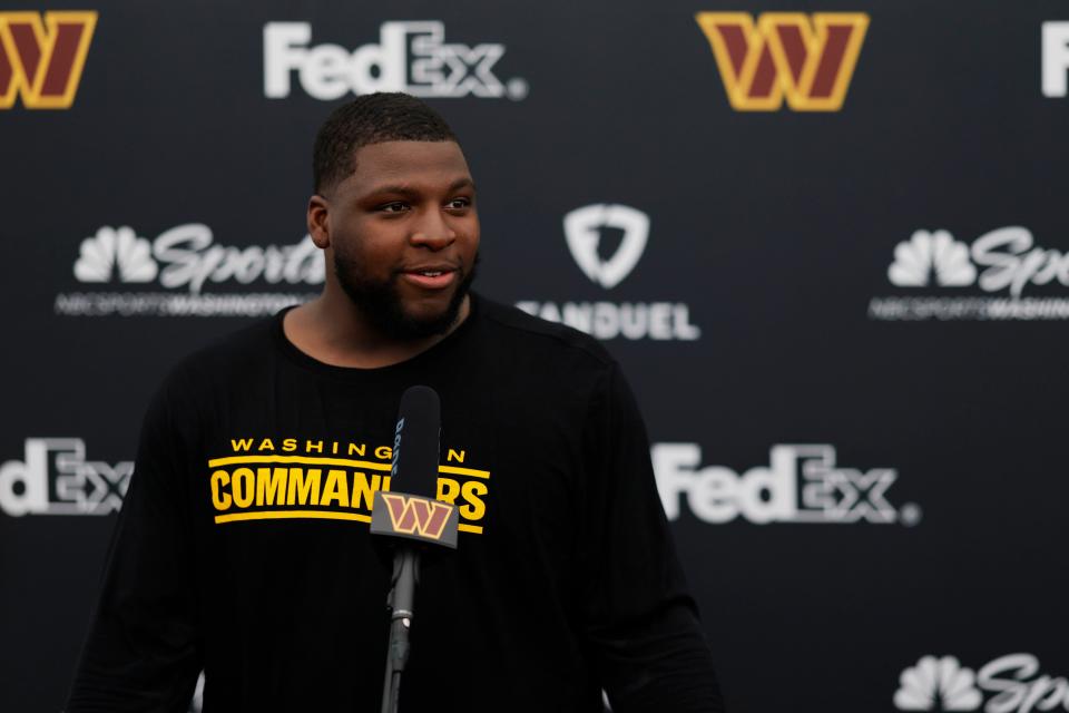 May 6, 2022; Ashburn, Virginia, USA; Washington Commanders defensive tackle Phidarian Mathis speaks with the media after Washington Commanders rookie minicamp at Inova Performance Center In Ashburn, VA. Mandatory Credit: Geoff Burke-USA TODAY Sports