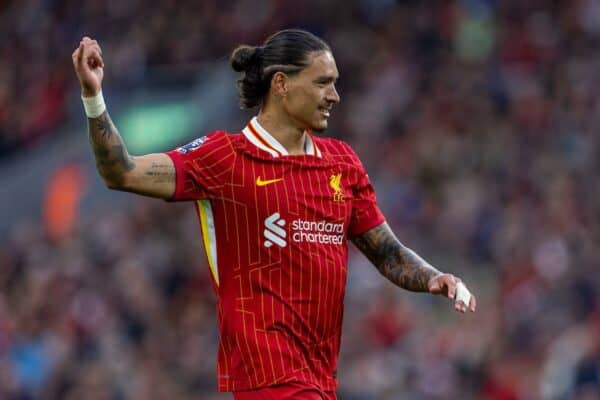 LIVERPOOL, ENGLAND - Sunday, August 25, 2024: Liverpool's Darwin Núñez during the FA Premier League match between Liverpool FC and Brentford FC at Anfield. Liverpool won 2-0. (Photo by David Rawcliffe/Propaganda)