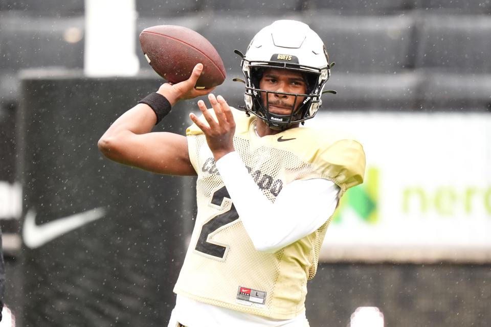 Apr 27, 2024; Boulder, CO, USA; Colorado Buffaloes quarterback Shedeur Sanders (2) warms up during a spring game event at Folsom Field. Mandatory Credit: Ron Chenoy-USA TODAY Sports