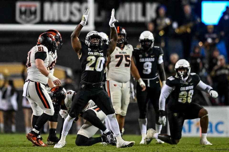 BOULDER, CO - NOVEMBER 4: LaVonta Bentley #20 of the Colorado Buffaloes celebrates after a sack of DJ Uiagalelei #5 of the Oregon State Beavers in the second quarter at Folsom Field on November 4, 2023 in Boulder, Colorado. (Photo by Dustin Bradford/Getty Images)