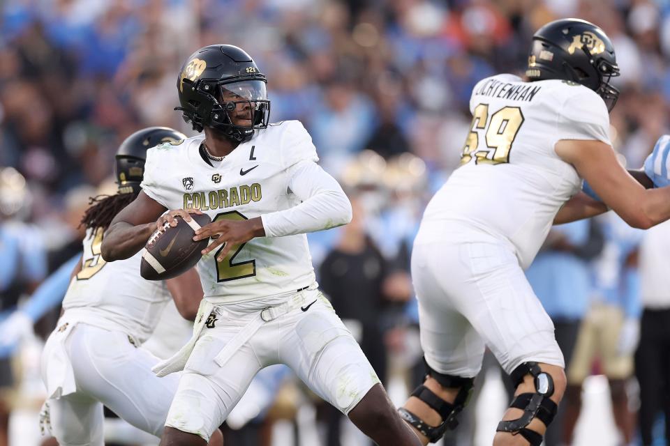 PASADENA, CALIFORNIA - OCTOBER 28: Shedeur Sanders #2 of the Colorado Buffaloes passes the ball during the first half of a game against the UCLA Bruins at Rose Bowl Stadium on October 28, 2023 in Pasadena, California. (Photo by Sean M. Haffey/Getty Images)