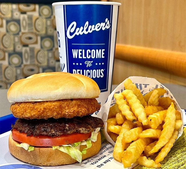 A Culver's burger, fries and a drink