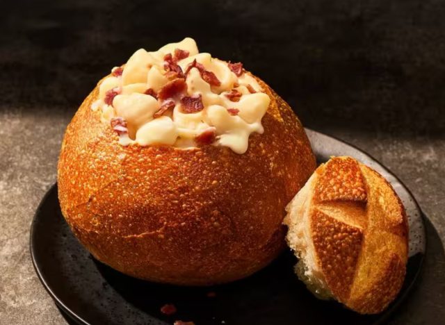 Panera Bacon Mac and Cheese in a bread bowl