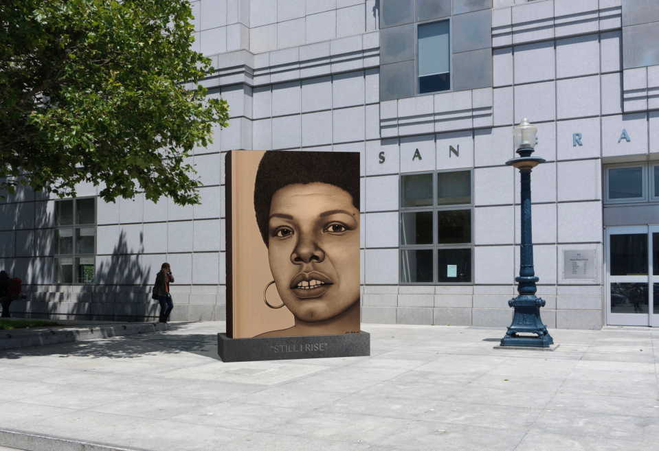 Artist Lava Thomas provided the digital rendering of Maya Angelou that's expected to be unveiled in San Francisco in 2024 outside of the city's public library. Angelou died in 2014 and was known for her poems, most notably her autobiography 'I Know Why the Caged Bird Sings.'