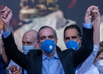 EPA Luis Abinader (C) celebrates at an election night event in Santo Domingo, Dominican Republic, 05 July 2020.