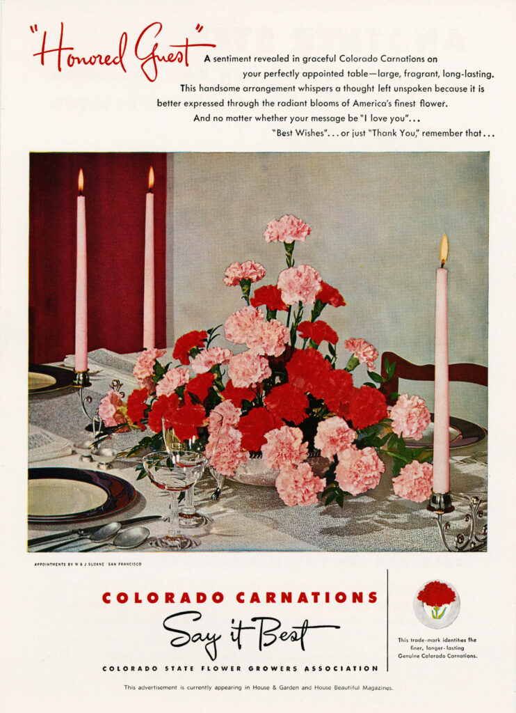 A 1960s advertisement for Colorado carnations.