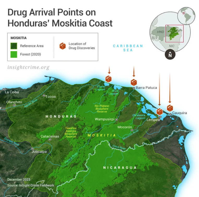 Drug arrival points along Moskitia coast of Honduras.