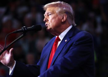 Former President Donald Trump speaking with hand raised at campaign rally...