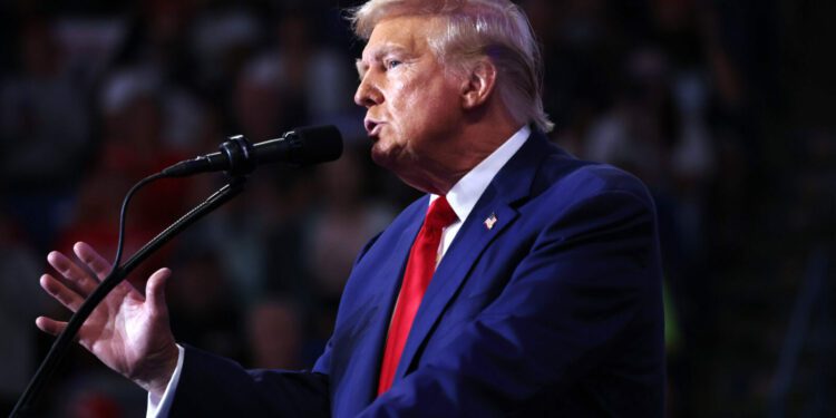 Former President Donald Trump speaking with hand raised at campaign rally...