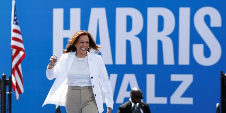 Vice President Kamala Harris is seen before speaking at a campaign rally in Eau Claire, Wisconsin on August 7, 2024 (KAMIL KRZACZYNSKI)