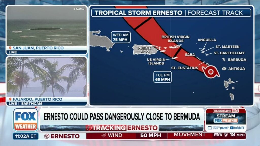 Hurricane Watches issued for US Virgin Islands as Tropical Storm Ernesto continues to strengthen