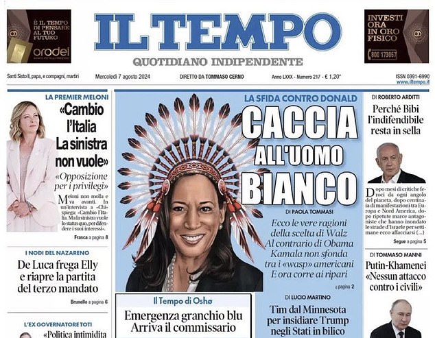 An Italian newspaper has sparked rage on social media after they used a picture of Kamala Harris wearing a native American feathered headdress