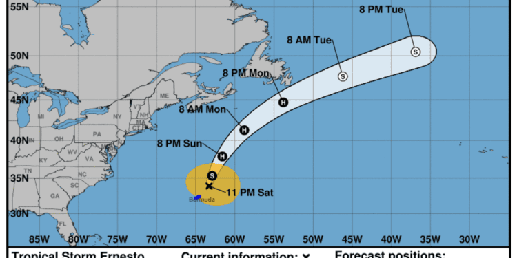 Maps show Tropical Storm Ernesto's path and forecast as it moves away from Bermuda
