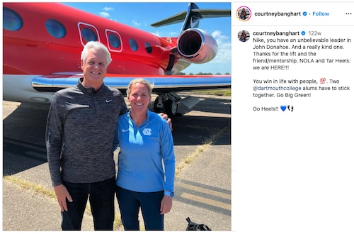 An Instagram post shows two people stand in front of a plane. A caption posted 122 weeks ago from the account courtneybanghart reads:

