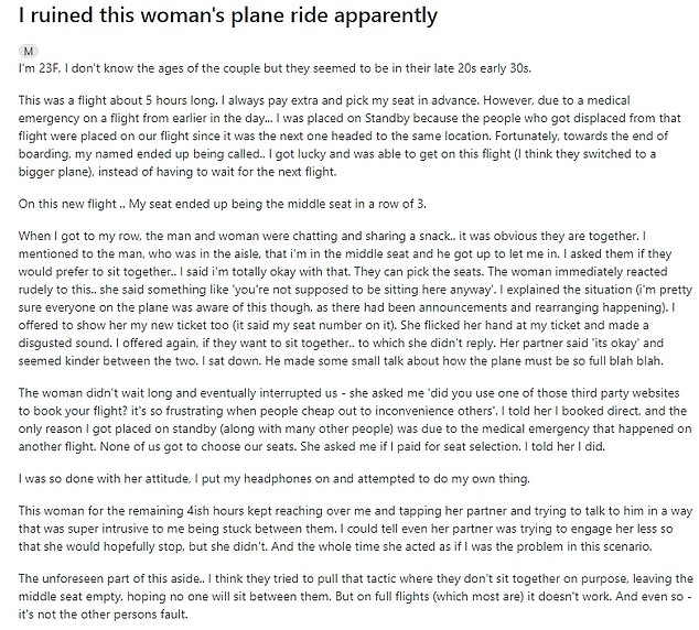 The unnamed frequent flyer, 23, took to Reddit to share her frustrations with people on the web