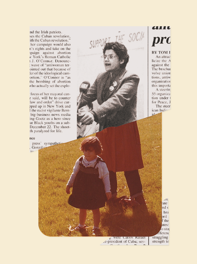 layered illustration with newspaper clipping of woman speaking at podium over photo of woman next to small girl