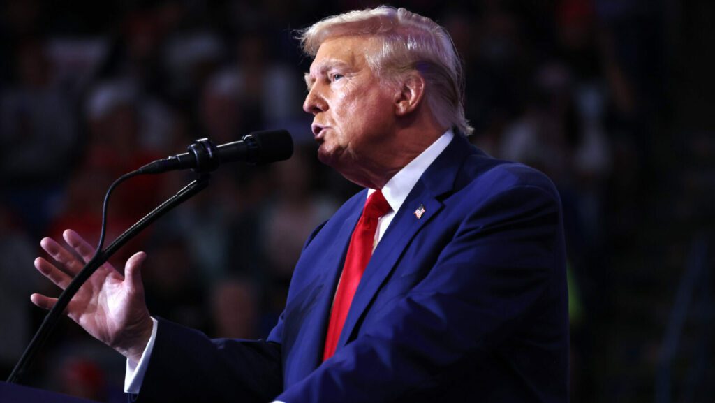 Former President Donald Trump speaking with hand raised at campaign rally...