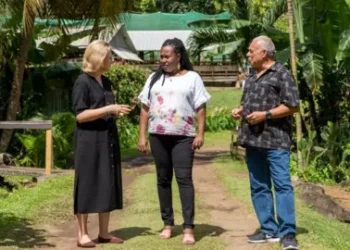 BBC Laura Trevelyan (left) explores a former slave plantation on Grenada during her visit in 2022
