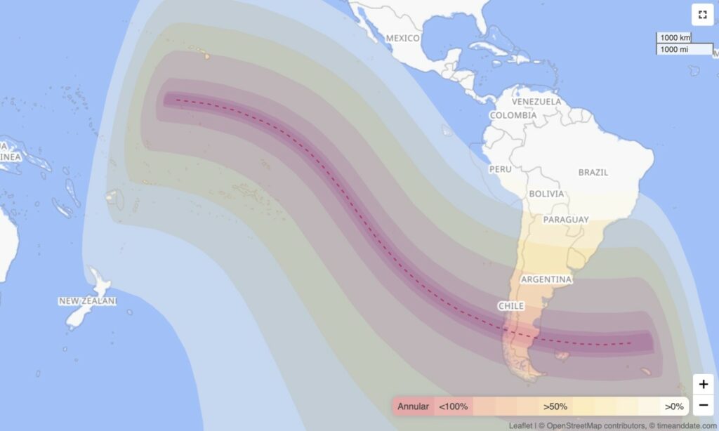 Map of path of the October 2024 solar eclipse, mostly in southern areas of South America.