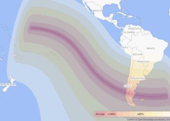 Map of path of the October 2024 solar eclipse, mostly in southern areas of South America.