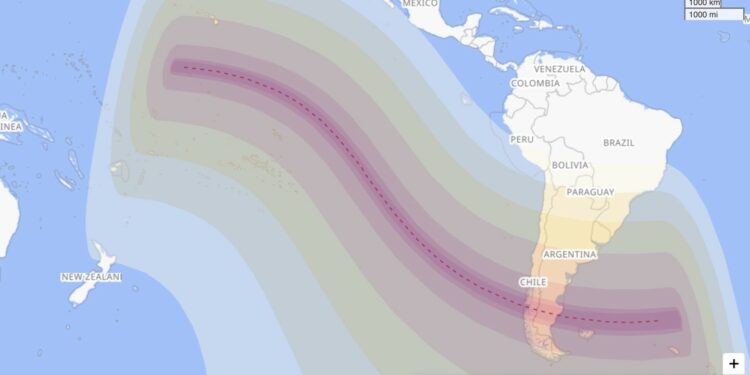Map of path of the October 2024 solar eclipse, mostly in southern areas of South America.